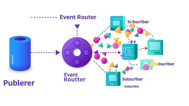 Digital diagram illustrating data flow architecture where publisher sends events through router to various subscribers set against plain white background with abstract shapes and icons