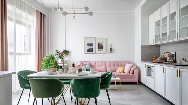A modern dining and living area with a pink sofa and green chairs.