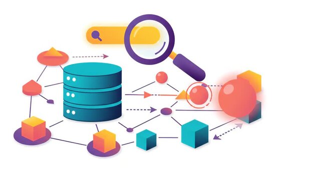 digital database illustration features magnifying glass searching for information with connected data cubes and abstract nodes flowing through virtual network workspace in the background