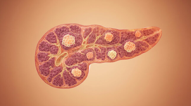 Microscopic view of pancreatic islets with cancer cells and acinar cells