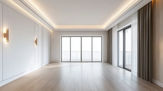Modern empty room with large windows and subtle lighting