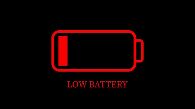 Red Low Battery Warning Icon Animation with Text on Black Background