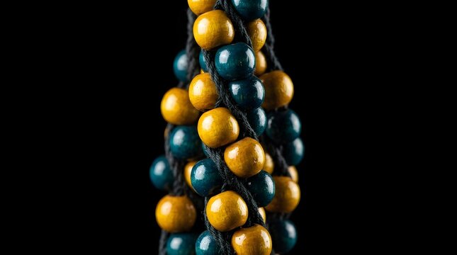 Abstract arrangement of yellow and teal beads on a black background.