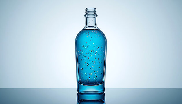 Blue gin bottle with carbonated liquid, elegant glass bottle with bubbles on light background, premium spirit packaging mockup for beverage branding