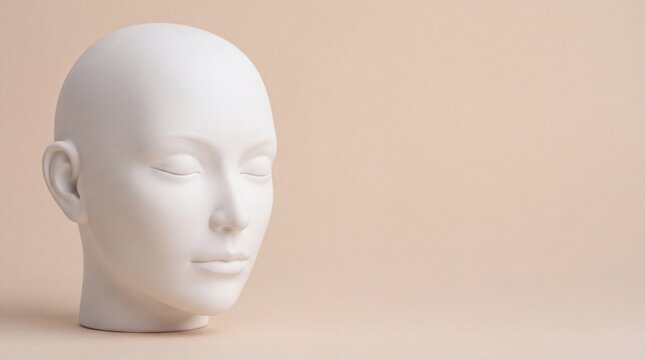 A smooth white mannequin head sculpture with closed eyes, positioned on the left side ad social media download thambnail poster web template event festival 2026 2027 2028