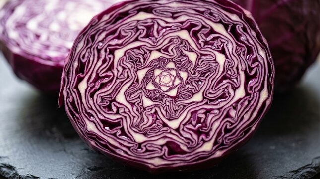 Close up shot of a vibrant sliced red cabbage showcasing its intricate layers