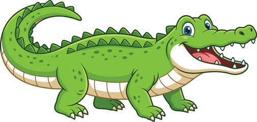 Obraz premium Cute Green Cartoon Alligator Character Vector Illustration Isolated on White Background for Kids Children Books Mascot and Education Designs