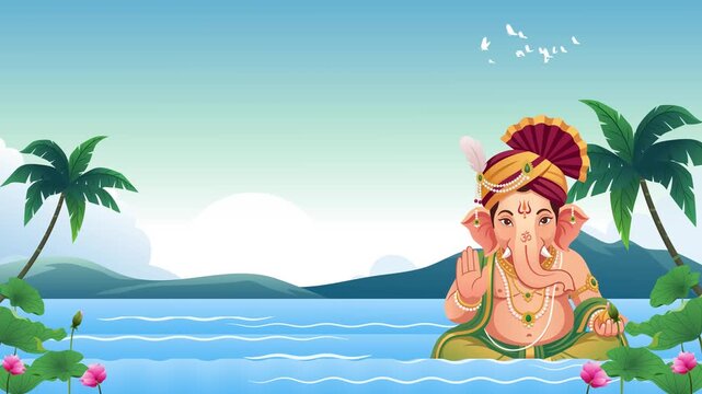 Blessing Lord Ganesha in Tropical River Landscape for Ganesh Visarjan Motion Video