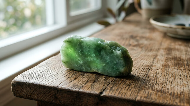 Rough green jade gemstone resting on a textured wooden table next to a bright window