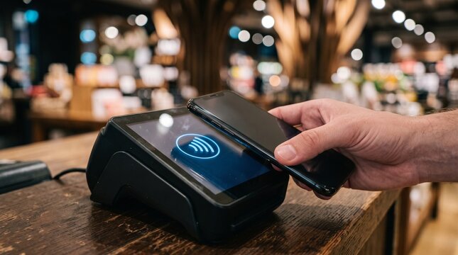 Customer using smartphone for contactless payment at checkout counter