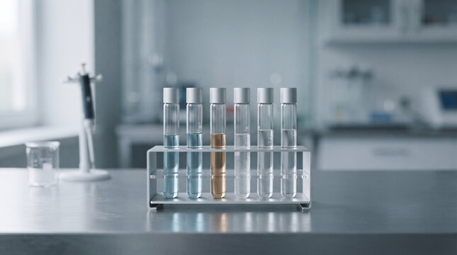 Laboratory test tubes with colored liquids in a clean science research setting