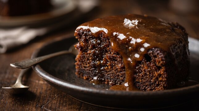 Delicious slice of sticky toffee pudding served with caramel sauce on plate