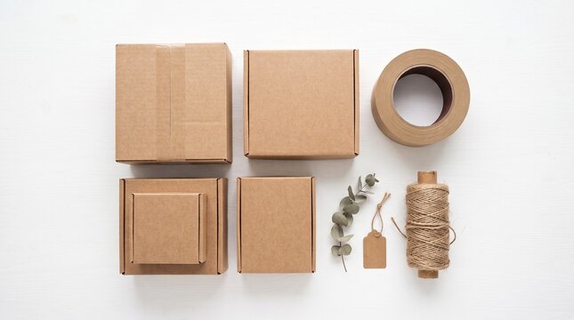 Cardboard shipping boxes, packing tape, twine spool, and paper tag top view