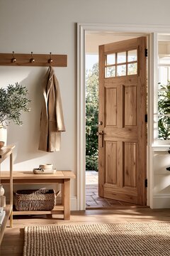 Sunlit entryway with open wooden door and beige