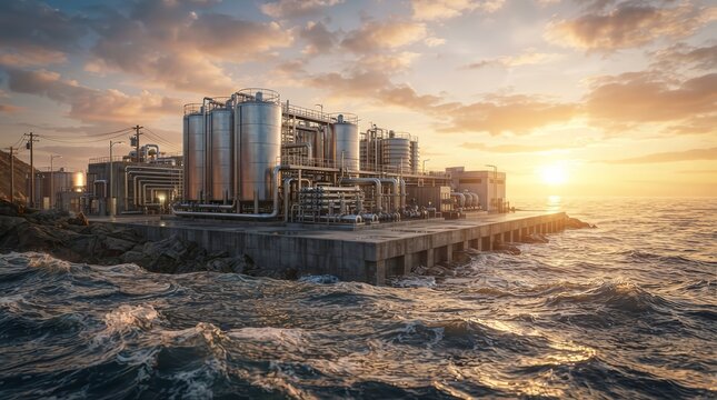 An innovative oceanfront water desalination plant facility operating at sunset.