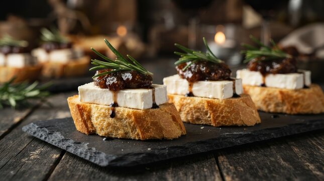 Close-up of goat cheese and fig preserve crostini garnished with rosemary on slate.