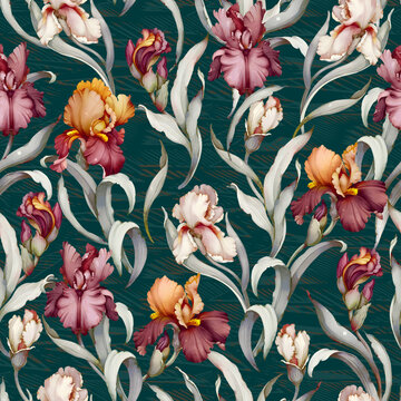 Seamless botanical pattern featuring blooming irises in mauve, amber, and blush pink with silvery leaves over a dark teal textured background with subtle chevron weave depth.