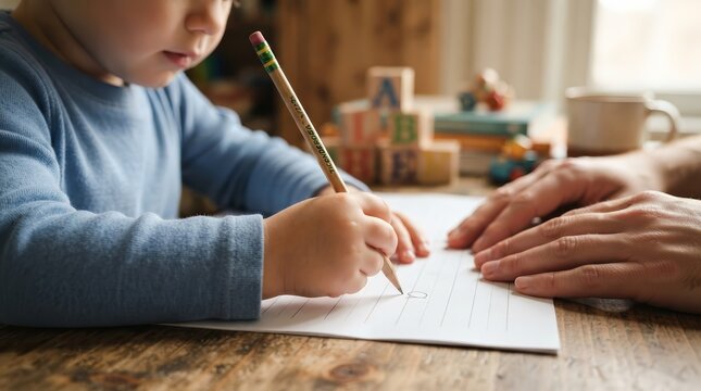 Handwriting practice session with a child and an adult at a wooden desk with alphabet letters.