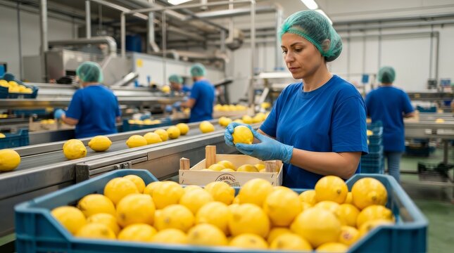 Professional agricultural workers sorting large quantities of ripe lemons in a South African factory setting.