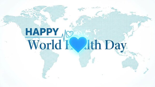 Happy World Health Day text title animation with a glowing pulse line sweeping across a blue digital world map background for global healthcare campaigns