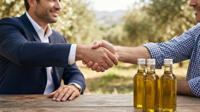 Businessmen shaking hands to finalize an agricultural trade agreement for premium olive oil.
