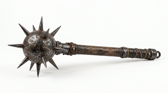 Antique medieval spiked mace with metal studs displayed against neutral background for historical weaponry reference