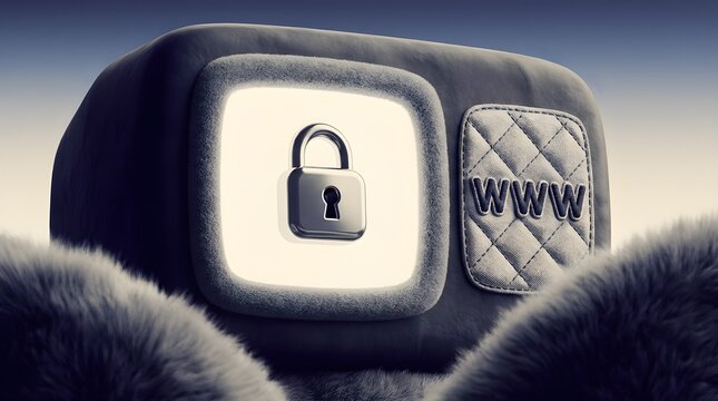 Closeup on LCD screen with focus on www padlock. Internet security cybersecurity concept. 3d illustration