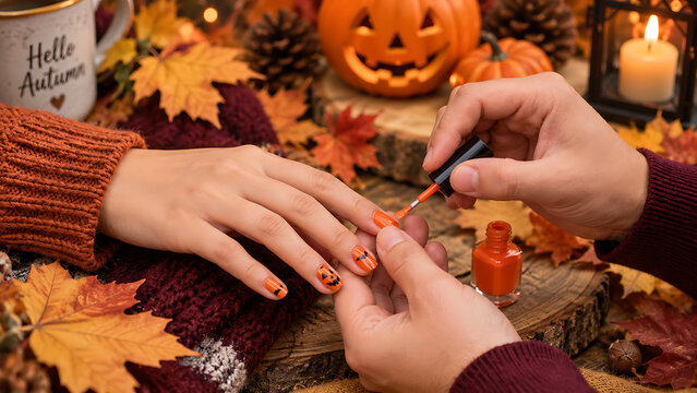 Halloween manicure being painted with orange nail polish in cozy autumn setting with pumpkins and fall leaves