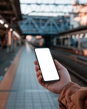 hand holding smartphone with blank screen at train