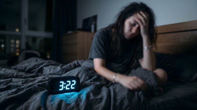 Exhausted woman sitting upright in bed during deep night unable to sleep with glowing digital alarm clock showing late time