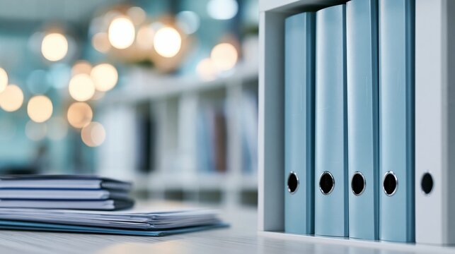 Blue binders and documents on desk shelf in