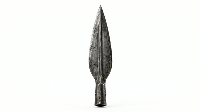 Antique metal spearhead isolated on a white background with sharp edges and weathered texture