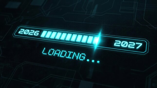 Futuristic loading bar with years 2026 and 2027 in digital interface
