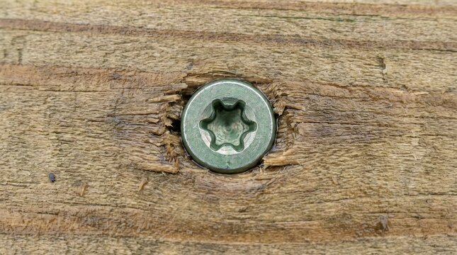 Metal Torx screw head driven flush into weathered wooden plank surface