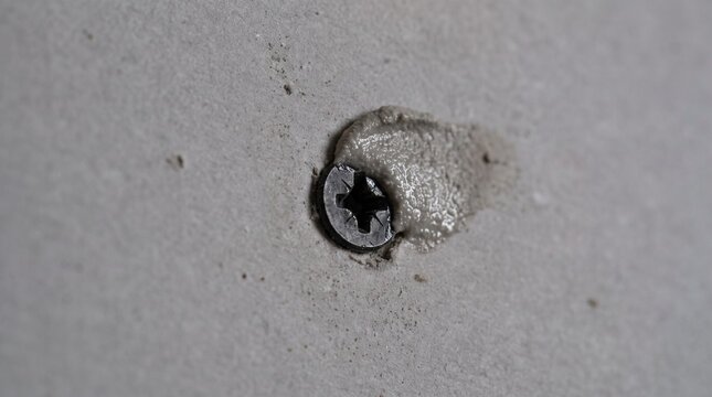 A close up of a drywall screw driven into a plaster wall surface