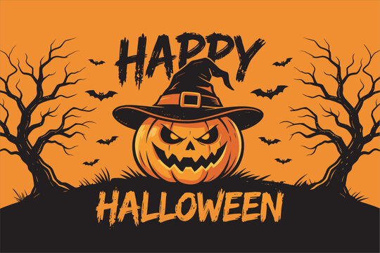 Happy Halloween typography with scary pumpkin wearing witch hat, bats, and silhouettes of trees. Vector concept for greeting banner.