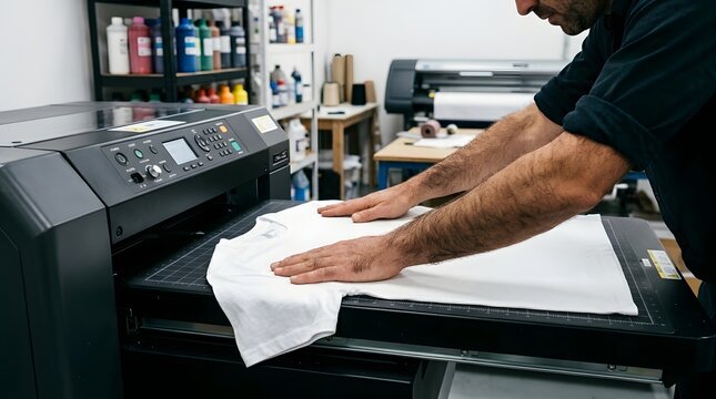 Professional worker preparing a blank white cotton t-shirt for direct to garment printing on an industrial textile printer in a digital print shop workshop environment