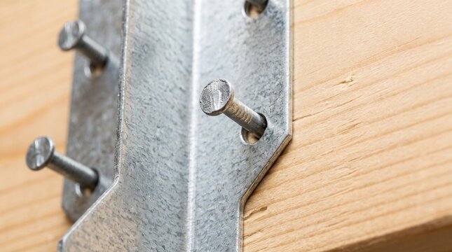 Metal framing anchor connector securely attached to wooden construction beam