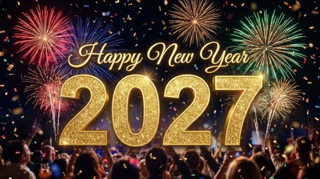 Happy new year 2027 celebration with fireworks and golden text