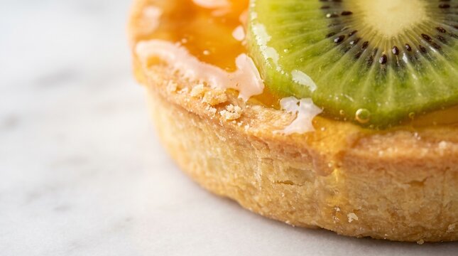 Fresh fruit tartlet with kiwi slice and apricot glaze on marble surface