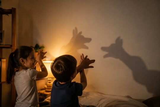 Children making shadow puppets on a bedroom wall