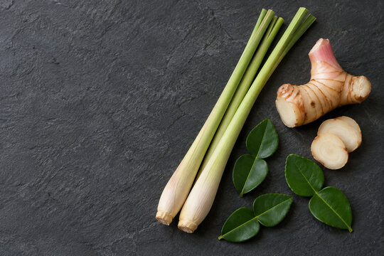 Lemongrass, Galangal and Makrut Lime Leaves on Stone