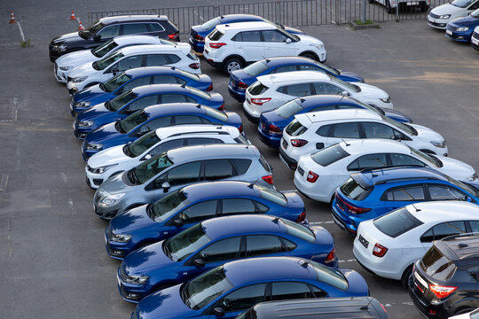 Rows of new blue and white cars are parked at an outdoor dealership lot. Sedans, hatchbacks and crossovers stand side by side in long lines. The vehicles are ready for sale to buyers
