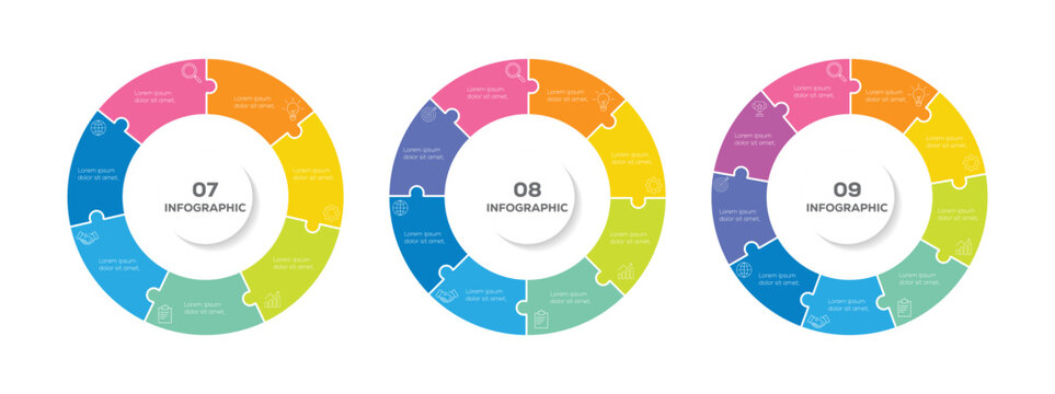 Circular puzzle infographic template. Cycle diagrams with 7, 8, 9 parts, options. Colorful puzzle circle stages. Business strategy elements, process steps and editable data visualization.