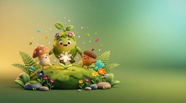 Cute nature characters celebrating spring with glowing flower