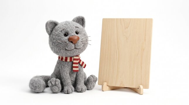 Grey fuzzy felt cat wearing a small striped scarf sits beside a blank wooden board for custom text copy space