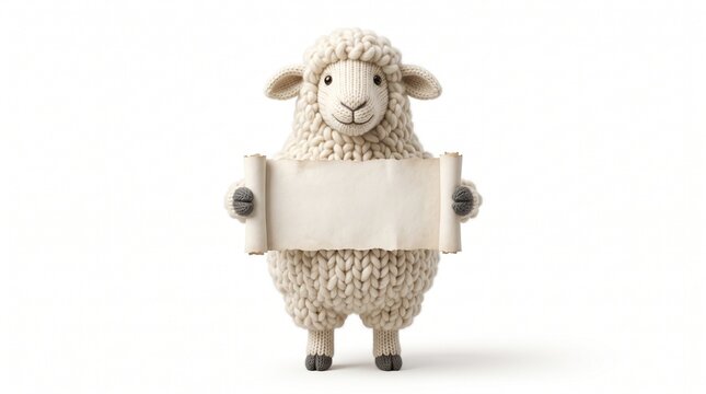 Knitted sheep holding an empty aged paper scroll looking directly at camera with cute wool texture and cream white color