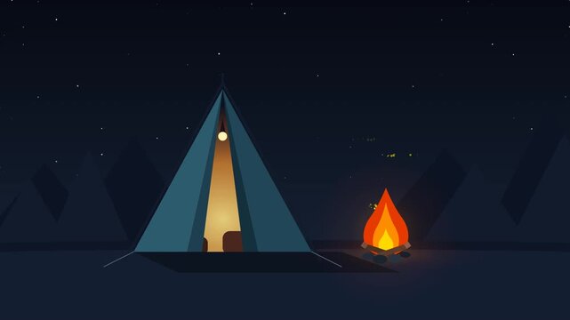 Cozy 2D flat design animation of an outdoor camping tent under twinkling stars, with a warm crackling campfire and rising embers in a peaceful loopable night scene.