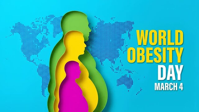 World Obesity Day conceptual motion graphic with layered human silhouettes and map
