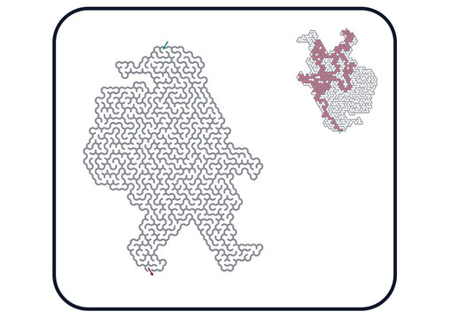 Complex labyrinth maze puzzle shaped like Santa Claus with solution path